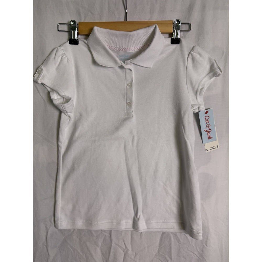 Cat Jack Girls White School Uniform Polo Short Sleeve Shirt Sz S 6/7 NWT